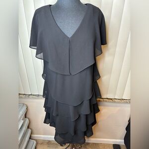 R&M Richards Vintage V Neck Ruffle Tiered Dress Cap Sleeve Black Size 14